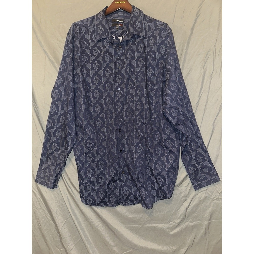 Murano Mens Dress Shirt XLT Blue Paisley Stretch Button‎ Up Down